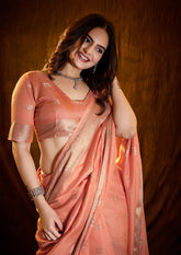 Peach Pink Linen Cotton Silk Saree with Silver Accents